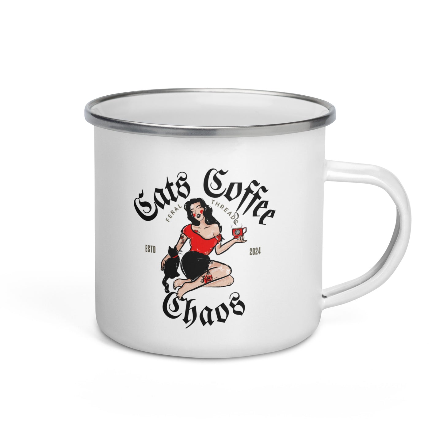 cats coffee chaos enamel mug